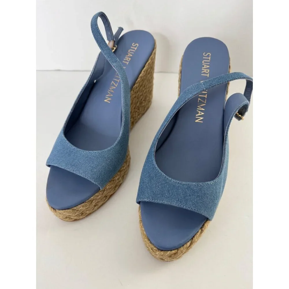 Stuart Weitzman Island Espadrille Wedge Sandal Peep Toe Jute & Denim Size 11